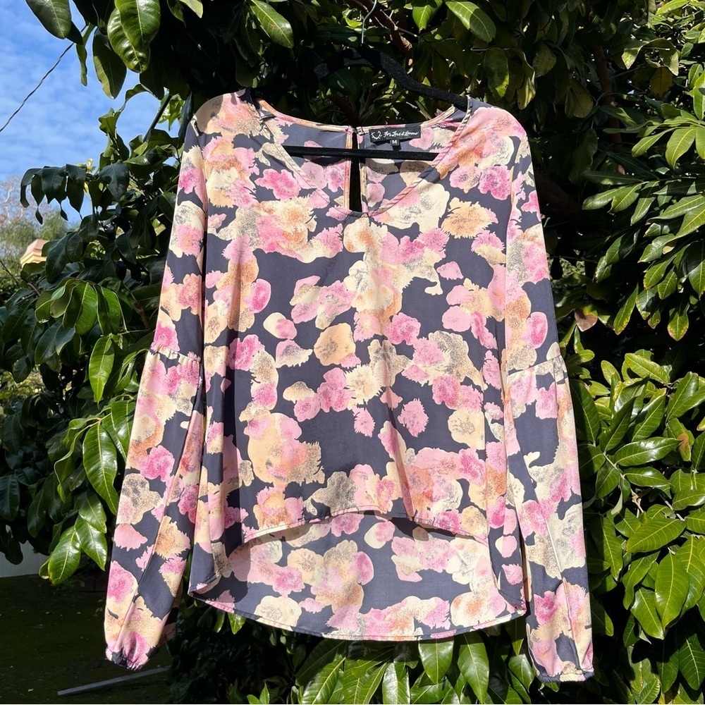 For Love and Lemons‎ navy pink floral print puff long sleeve blouse